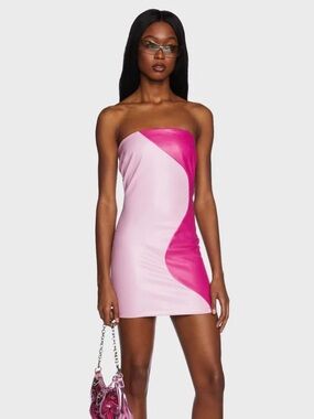 Le Lis Pink Strapless Leather Like Dress Hibiscus Mini Dress Small